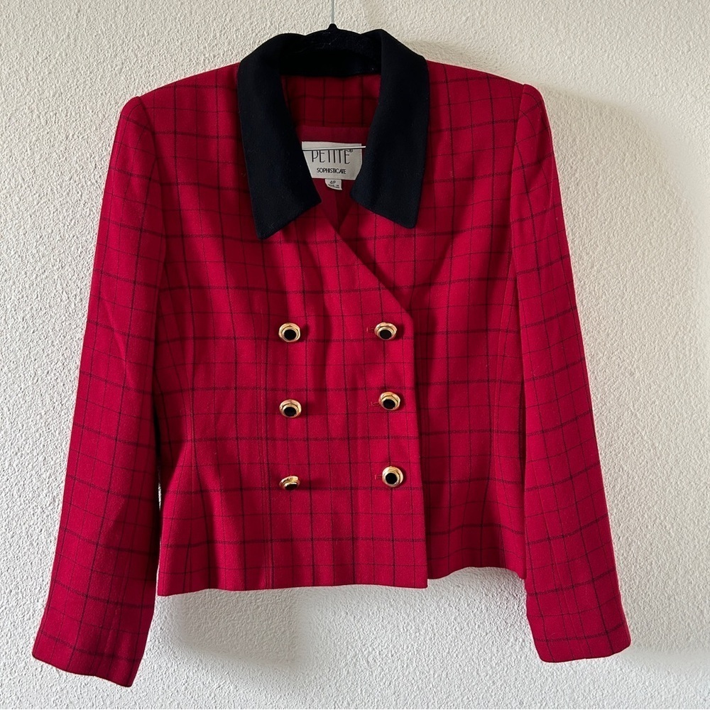 VTG Petite Sophisticate Crop Blazer 4P Red Black Career Office Sophisticated